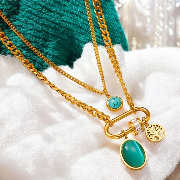 🆕️18K Gold Plated Layered Necklace | Turquoise Crystal & Tree of Life Pendant ✨ - Picture 6 of 11